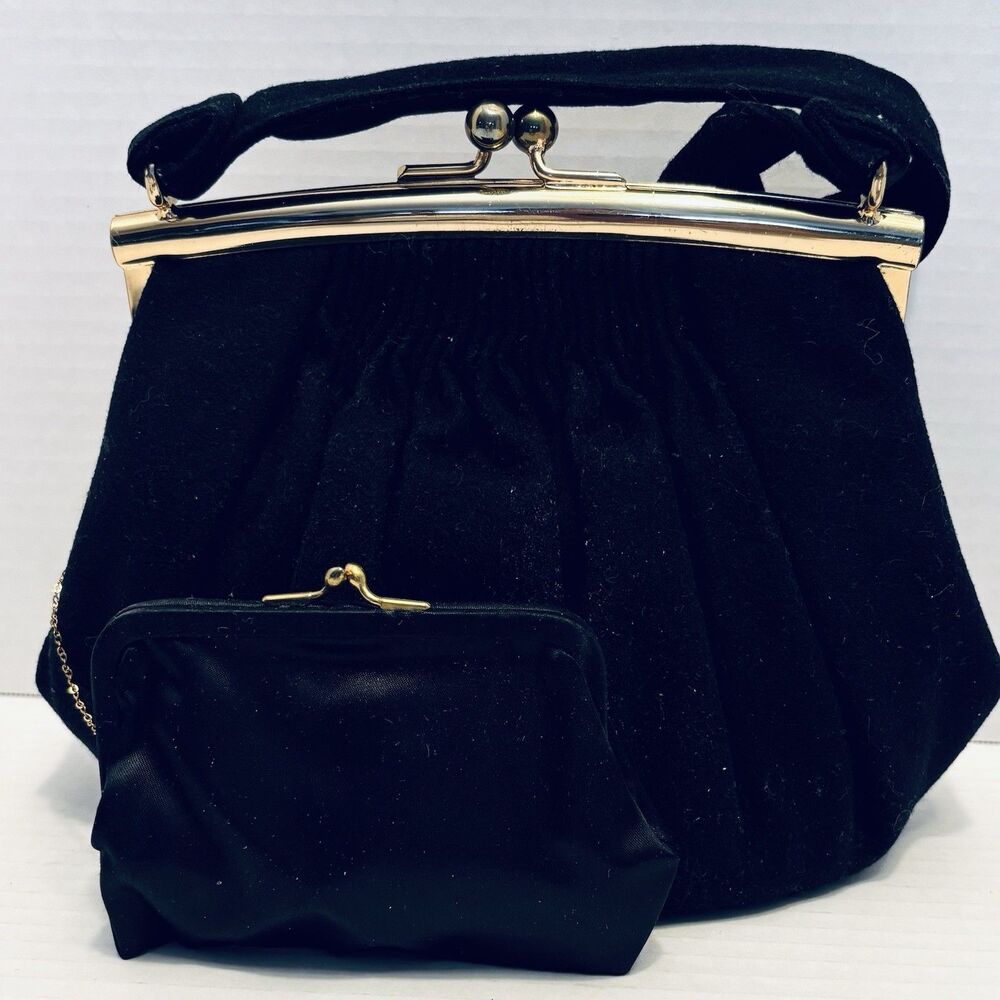 Black Evening Bag Kiss Me Lock Purse W/Attached Chain Coin Purse Retro Vintage